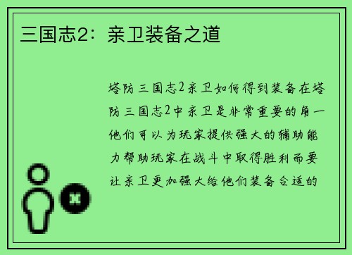 三国志2：亲卫装备之道